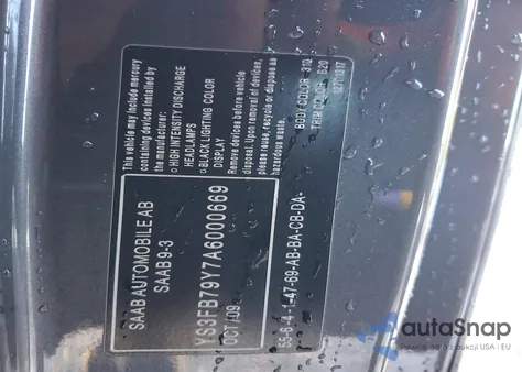 2010 Saab 9-3 2.0T из США, поврежденный, VIN YS3FB79Y7A6000669